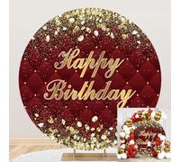 Dorcev Burgundy Glittering Happy Birthday Round Backdrop - 7.2x7.2ft Circle Cover with Gold Diamonds & Sequins