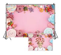 DORCEV Candy Photography Backdrop for Kids Birthday Party Baby Shower Background Sweet Pink Wall Lollipop Candy Doughnut Kids Cake Table Banner Kids Birthday Photo Studio Props