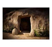 DORCEV Empty Tomb Backdrop 7x5ft Jesus Christ Crucifix Stone Hole Photography Background Holy Light Easter Photo Backdrops Sunset Lord Pray Church Missionary Events Banner Decorations Studio Props