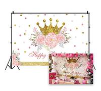 DORCEV Happy Birthday Backdrop for Luxury Princess Girls Birthday Party Background Shiny Glitter Gold Princess Crown Pink Floral Colourful Spot Girls Party Banner Kids Photo Studio Props