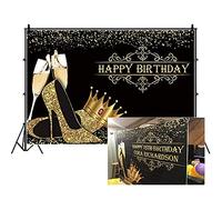 DORCEV Happy Birthday Backdrop Lady Queen Theme Birthday Party Lady Birthday Prom Party Background Shiny Golden Crown High Heel Shoes Party Cake Table Banner Birthday Photo Studio Props