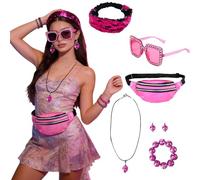 Dorclife 6Pcs 70s Disco Costume Set Sequin Glitter Headband, Bling Sunglasses Earrings, Necklace, Bracelet and Bumbag for 70s Theme Party Birthday Dance Disco Fancy Dress (fucsia)