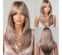Doremiy Ombre Blonde Brown Wig with Natural Bangs Long Medium Length Straight Wigs for Women Heat Resistant Fiber Synthetic Wigs for Cosplay and Daily Wear