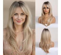 Doremiy Ombre Blonde Brown Wig with Natural Bangs Long Medium Length Straight Wigs for Women Heat Resistant Fiber Synthetic Wigs for Cosplay and Daily Wear