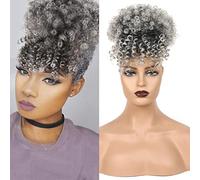 Doren Afro Drawstring Ponytail with Bangs Kinky Curly for Women Synthetic Hair Extensions Clip On Hairpieces 12inch #T1B/Grey