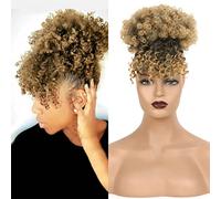 Doren Afro Drawstring Ponytail with Bangs Kinky Curly for Women Synthetic Hair Extensions Clip On Hairpieces 12inch #T1B/27