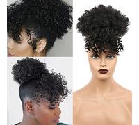 Doren Afro Drawstring Ponytail with Bangs Kinky Curly for Women Synthetic Hair Extensions Clip On Hairpieces 12inch #1B