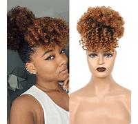 Doren Afro Drawstring Ponytail with Bangs Kinky Curly for Women Synthetic Hair Extensions Clip On Hairpieces 12inch #T1B/30