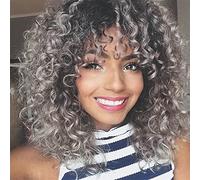 Doren Loose Deep Curly Synthetic Wigs for Women Glueless No Lace Fluffy Curls Hair with Bangs, Ombre Black and Grey