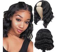 DOREN U Part Wig Human Hair Natural Wavy 150% Density Brazilian Remy Short Wave Middle U-part Wigs for Black Women Natural Color 8 inch