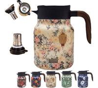Doresty Tea Pot, Raidley Vintage Floral Pattern Tea Built-in Infuser, 800ml/1000ml Stainless Steel Thermal Carafe with Lid for Hot Drinks, Insulated Teapot with Wooden Handle (C,800ML)