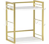 Dorhors 2 Tier Coffee Bar Accessories and Organizer,Multi-functional Mug Holder with 12 Hooks,Wood Coffee Station Organizer,Kitchen Countertop Shelf (Gold + White)