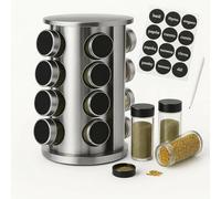 Doria Spice Rack Organiser with 16 Spice Jars, Thick and Strong Spice Racks Free Standing Carousel Spice Storage Can Rotated 360° (Stainless Steel)