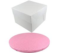 Doric Art of Cake ROUND COLOURED Drum cake BOARD and white transporting BOX (8 Inch, Pale Pink)