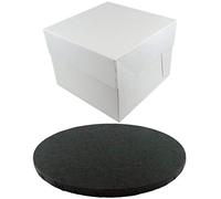 Doric ROUND COLOURED Drum cake BOARD and white transporting BOX (8 Inch, Black)