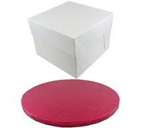 Doric ROUND COLOURED Drum cake BOARD and white transporting BOX (8 Inch, Cerise)
