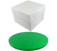 Doric ROUND COLOURED Drum cake BOARD and white transporting BOX (8 Inch, Green)