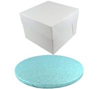 Doric ROUND COLOURED Drum cake BOARD and white transporting BOX (8 Inch, Light Blue)
