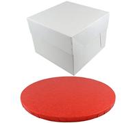 Doric ROUND COLOURED Drum cake BOARD and white transporting BOX (8 Inch, Red)
