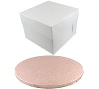 Doric ROUND COLOURED Drum cake BOARD and white transporting BOX (8 Inch, Rose Gold)