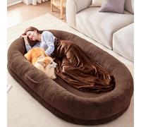 Dorifine Human Dog Bed for Adults, 180 x 122 x 25 cm, Giant Bean Bag Bed with Blanket, Washable Faux Fur Nap Oval Bed, Removable Large Memory Foam, Human Dog Bed, Brown