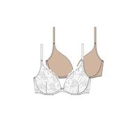 DORINA Angie Women’s Push-Up Plunge Bra 2-Pack - Lace & Micro Fabric - Underwired, Adjustable Straps, Removable Pads, White and Beige