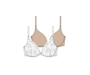 DORINA Angie Two-Piece Push-Up Plunge Bra Pack - Lace & Micro Fabric, Removable Cookies, Underwired Support, White and Nude