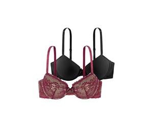 Dorina Women's Chloe Two-Piece Demi Bra Set - Underwired, Lightly Padded, Floral Lace & Soft Micro Fabric, Adjustable Straps, Red and Black