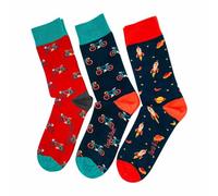 Doris & Dude Men Bamboo Crew Socks Bikes Rockets 3 Pair Set Lg 7-11 Colourful Soft Durable Sustainable Gift