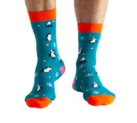 Doris & Dude Men Bamboo Organic Crew Socks 1 Pair Lg 7-11 Penguins Colourful Turquoise Soft Durable Sustainable Gift Smooth Toe Breathable