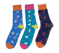 Doris & Dude Men Bamboo Organic Crew Socks 3 Pair Gift Pack Lg 7-11 Crab Lobster Seagull Seaside Multicoloured Soft Durable Sustainable Smooth Toe Breathable