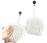 Dormercy Fuzzy Ball Towel, 2 Pack White Hanging Chenille Hand Towels, with 4 Hooks, Dry Your Hands Quickly