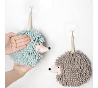 Dormercy Fuzzy Ball Towels, Hedgehog Decorative Hanging Chenille Hand Towels, with 4 Hooks, 2 Pack, Green and Gray