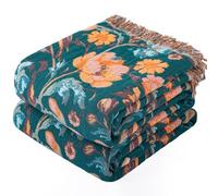 Dormilin Bohemian Throw Blanket for Sofa 150x200cm, 100% Organic Cotton Woven Picnic Blanket for Bed Couch 2-3 Seater, Soft Muslin Quilt with Floral Jacquard, Double-sided Bedspread Throws Green/Brown