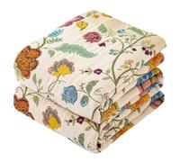 Dormilin Bohemian Throw Blanket for Sofa 150x200cm, 100% Organic Cotton Woven Picnic Blanket for Bed Couch 2-3 Seater, Soft Muslin Quilt with Floral Jacquard, Double-sided Bedspread Throws Green/White