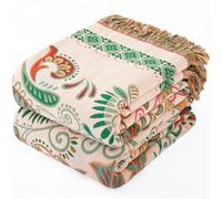 Dormilin Bohemian Throw Blanket for Sofa 150x200cm, 100% Organic Cotton Woven Picnic Blanket for Bed Couch 2-3 Seater, Soft Muslin Quilt with Floral Jacquard, Double-sided Bedspread Throws Green/White