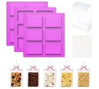 Dormitology Cereal Bars Treats Making Set: 3PCS Silicone Granola Bar Mould with 35 Clear Boxes & Cake Pop Sticks, Small Baking Container for Marshmallow, Christmas Chocolate Dessert Party Packaging