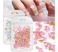 Dornail White Pink 3D Acrylic Flower Nail Charms With Pearl Golden Caviar Beads Nail Art Accessories Nail Designs for DIY Nail Decorations Nail Art Supplies