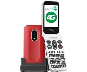 Doro - Leva L20 - Senior Mobile Phone - Unlocked 4G Flip Phone - Large Screen - Powerful HD Sound - Camera - Assist Button with GPS - Charger Stand Included - Red/White