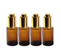 Doromy 4Packs 30ml/1Oz Amber Glass Pump Dropper Bottles Refillable Skincare Serum Containers with Gold Press Pump Glass DropperPump For Essential Oils, Face Serum, Cosmetics, DIY Beauty, Travel