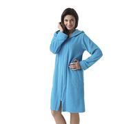 DOROTA Cuddly and modern women's cotton bathrobe with pockets, zip and hood, made in the EU, Turquoise Striped, XXL