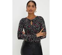 Dorothy Perkins Abstract Keyhole Ruched Front Long Sleeve Top In Black black