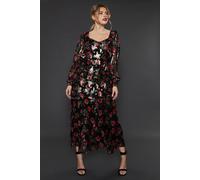 Black Floral Ruffle Long Sleeve Chiffon Metallic Midi Dress Dorothy Perkins Floral 12