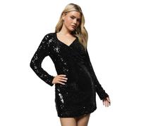 Dorothy Perkins Black Sequin Long Sleeve Ruched Wrap Mini Dress, 12, Black