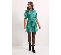 Dorothy Perkins Blue Animal Shirred Waist Tie Neck Mini Dress animal