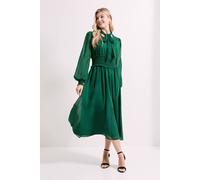 Dorothy Perkins Bow Tie Neck Detail Shirred Waist Midi Dress In Forest forest 8