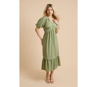 Dorothy Perkins Women's Bubble Sleeve Trim Detail Midi Dress in Khaki | Size: 10