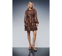 Dorothy Perkins Women's DP Luxe Jacquard Blouson Sleeve Tiered Skirt Mini Dress in Chocolate | Size: 10 Dorothy Perkins Chocolate 10