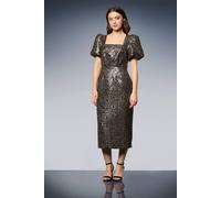 Dorothy Perkins Dp Luxe Metallic Jacquard Puff Sleeve Midi Dress In Gold gold 8