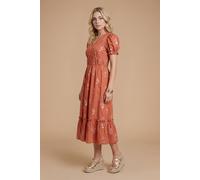 Dorothy Perkins Women's Embroidered Puff Sleeve Tiered Midi Dress in Burnt Orange | Size: 12 Dorothy Perkins Burnt Orange 12